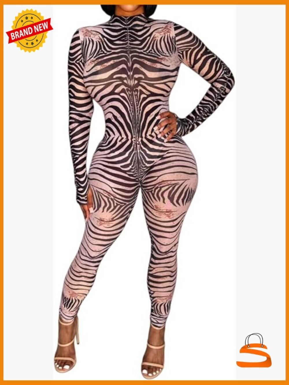 Long Sleeve Zebra Print Sheer Bodycon Jumpsuit for Women